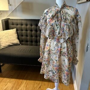 NWT Eloquii Cream & Pink Floral Bow Neck Dress